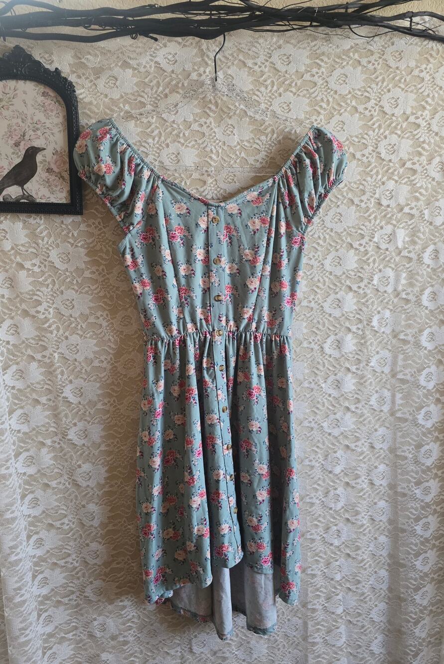 Floral High-Low Cottagecore Dress – Sage Green & Pink (Size [Juniors Small])